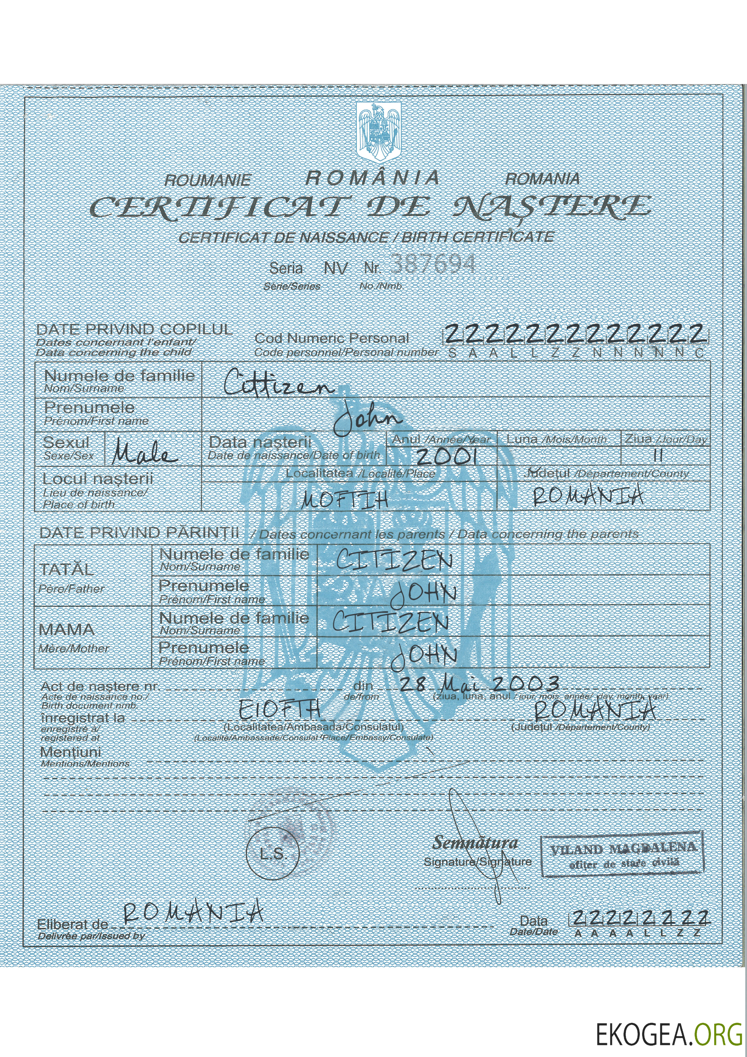 Acte de naissance en Roumanie